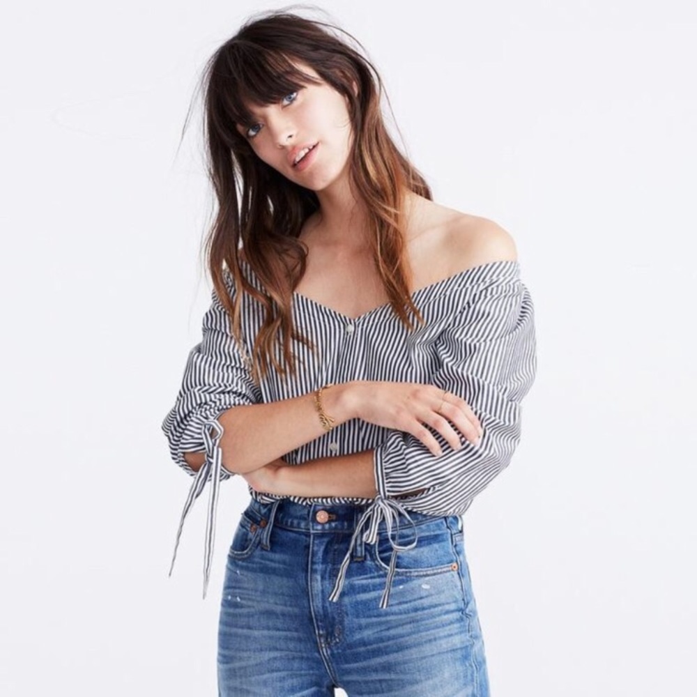 NWT Madewell off shoulder button striped blue grey and white blouse top